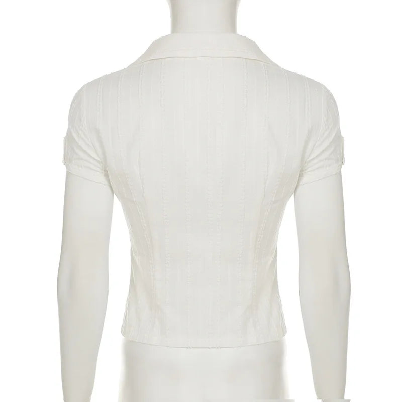 Lunivop Women Zipper Shirts Elegant Fashion Summer Turn Down Collar Short Sleeve Solid Casual Crop Tops y2k White Slim Blouse