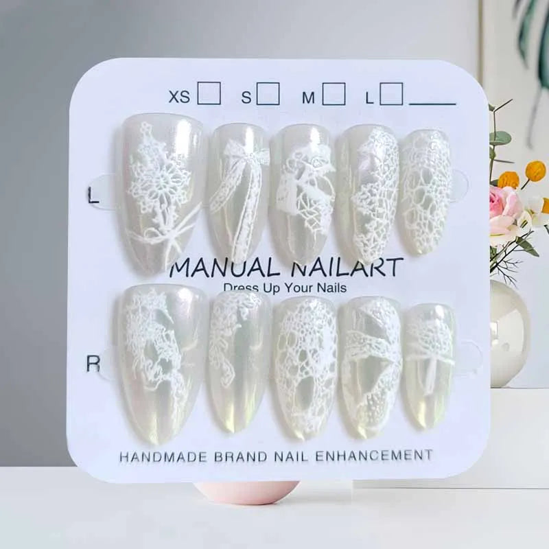Lunivop  10Pcs French Style Autumn and Winter New Product White Lace Aurora Cat's Eye Short Almond Press on Nails Fake Nails False Nails