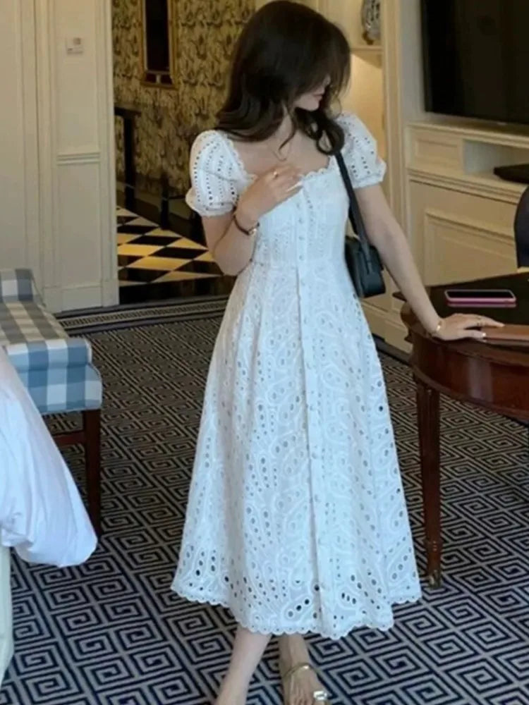 Lunivop  Summer White Midi Dress Hollow Out For Women Elegant Square Collar Puff Sleeve French Kawaii Vestidos Korean Chic Dresses Mujer