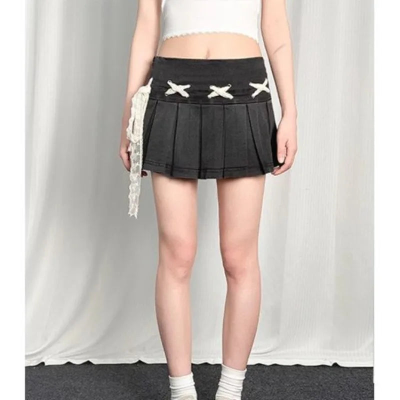 Lunivop  Bow Lace Up Blue Washed Denim Skirt for Women American Vintage Pleated A-line Skirts 2025 Summer New Faldas Sexy Mujer
