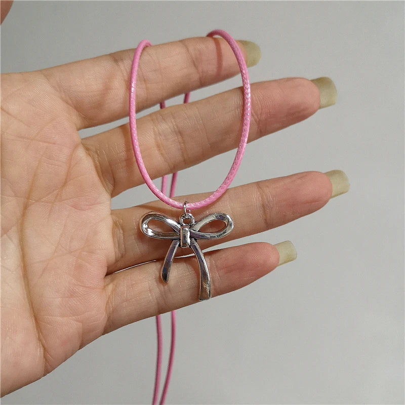 Lunivop Vintage Bowknot Pendant Pink Rope Chain Necklace For Women Gothic Hip Hop Bow Neck Fashion Y2k EMO Aesthetic Jewelry Accessories