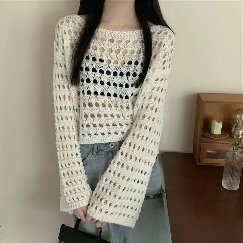 Lunivop Long Sleeve Crochet Knit Top Summer Beach Bikini Cover Up Crop Pullover Wool Knitwear Blouse Women Vacation Boho Outfit
