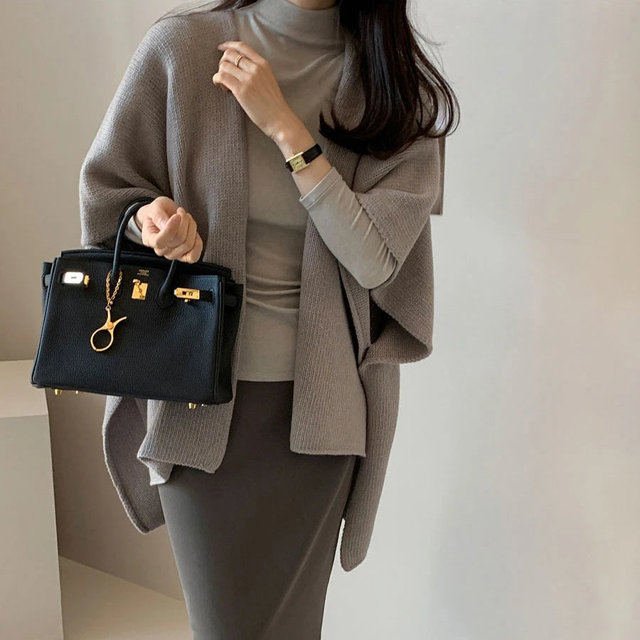 Lunivop Knitted Poncho Sweater for Women Cardigan Cape Open Front Sweater Shawl Fall Winter Korean Elegant Casual Chic Outfit