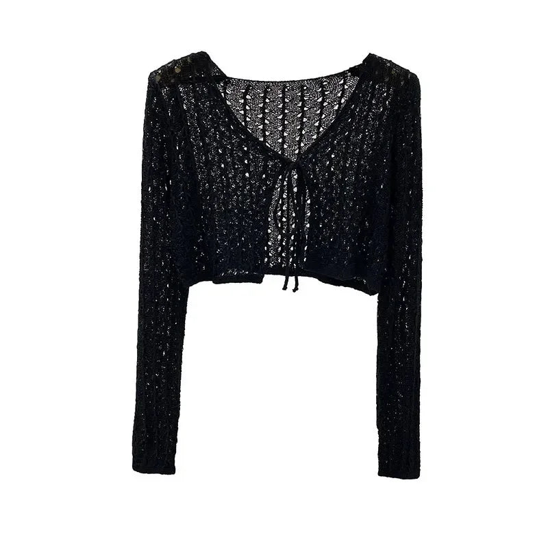 Lunivop Women Tie Front Crop Cardigan Sheer Openwork Crochet Knit Top Lightweight Bolero Sweater Summer Fairycore Boho Chic Beach Outfit