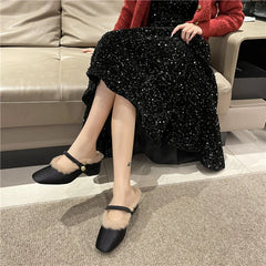 Lunivop Elegant Metal Buckle Mary Janes Woman Half Slippers New Mid Heel Dress Shoes Ladies Winter Warm Plush Belt Pumps Zapatos