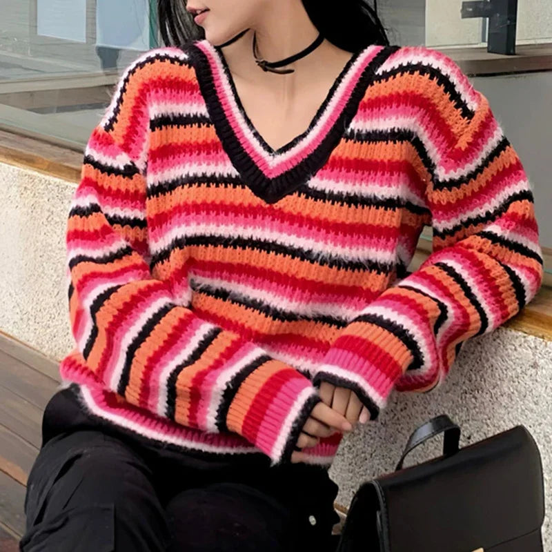 Lunivop Multicolor Striped Pullover Women Sweater Soft Knitted V-Neck Long Sleeve Jumper Teen-girl Fall Winter 90s Y2K Outfit