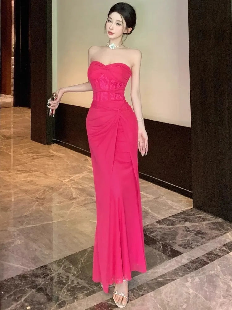 Lunivop  Dresses Women Sexy Lace Patchwork Strapless Slim Ruched Backless Temperament Cocktail Dress Party Female Fashion