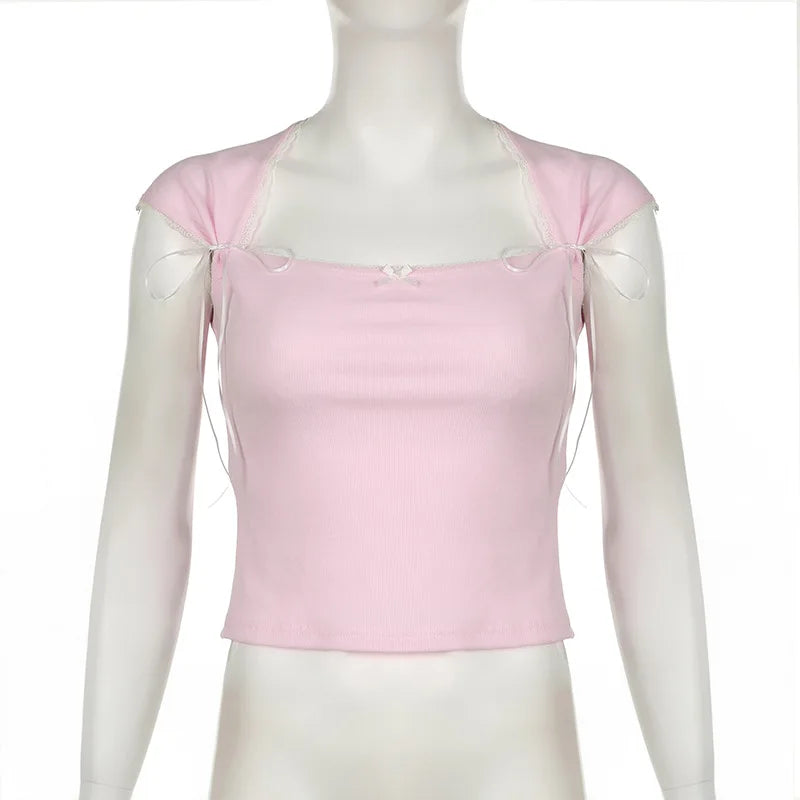 Lunivop Y2K  Bow Splicing Square Collar Small Flying Sleeve T-Shirt 2024 New Lace Edge Color Matching Slim Fit Casual Shirt Summer