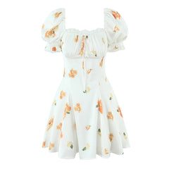 Lunivop  Retro White Floral Bow Ruched Chest Lace Slash Collar Satin Mini Dress Women Short Puff Sleeve Low Waist Swing Dresses Robe