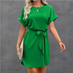 Lunivop  Women's Short Sleeve Dress - Round Neck Self-Tie Belt Loose-Fit Casual Mini Dress