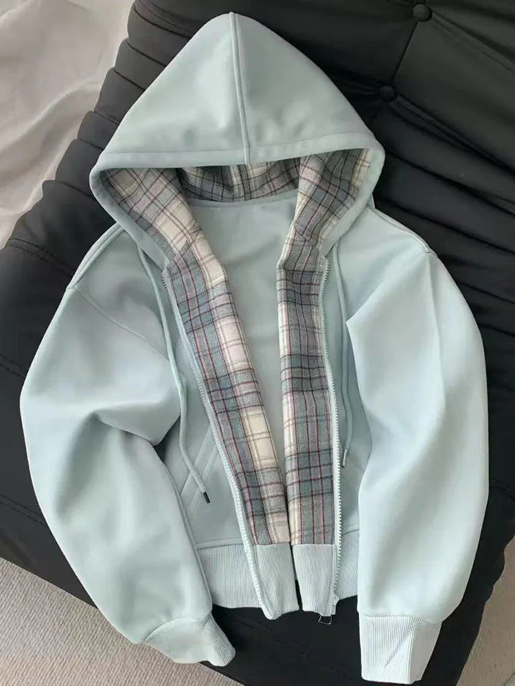 Lunivop Plaid Patchwork Blue Hoodies Women Sweet Preppy Style Long Sleeve Cute Sweatshirts Loose Casual Vintage Female Korean Tops New