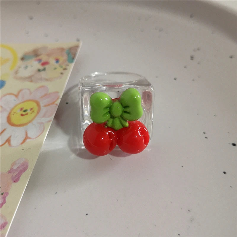 Lunivop Kpop Gothic Y2k Cute Acrylic Flower Bow Strawberry Cherry Heart Ring Emo Aesthetic Resin Rings Set Egirl Accessories Decorations