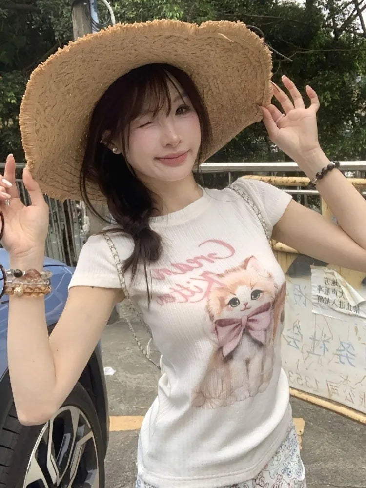 Lunivop  Sweet T Shirts Women Cartoon Cat Printed Short Sleeve Summer Fashion Sexy Stretch Slim Y2k Tops Female Casual Tshirt