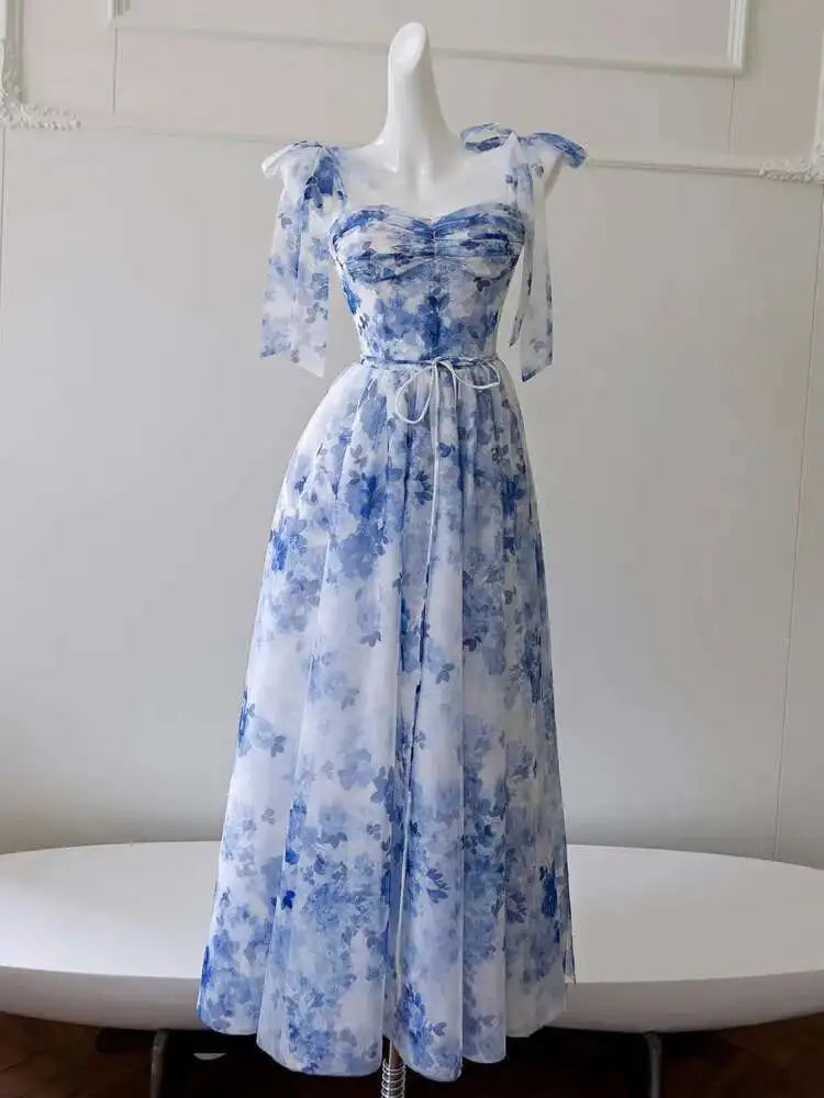 Lunivop  Blue Flower Pattern Charming Women Dress Bow Tie Detail Sleeveless 2025 Spring And Summer New Dresses Female