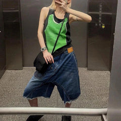 Lunivop  Fashion Patchwork Black Green Vest for Women Summer New Slim Fit Tank Top Y2k O-neck Sleeveless Tops Mujer