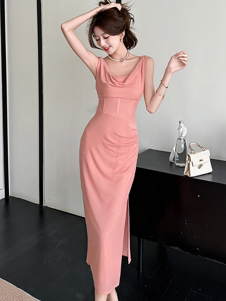 Lunivop  New Pink Mesh Swinging Collar Sexy Sling Long Dress Summer Pleated Bodycon Prom Clothes Women Korean Elegant Evening Dress
