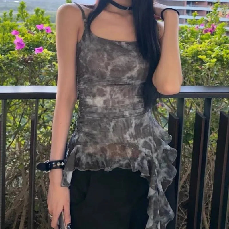 Lunivop  Vintage Tie Dye Ruffles Camisole Vest for Women 2025 Summer New Mesh Tank Top Irregular Slim Fit Sleeveless Tops Mujer