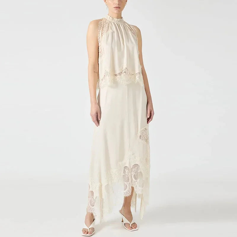 Lunivop  Lace Patchwork Tank Top Skirt Set Women Sleeveless Thin Vest Split Midi Skirts Suit Summer Holiday Street Solid Outfits