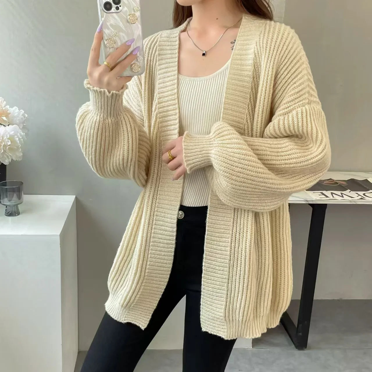 Lunivop Open Front Cardigan for Women Cozy Knitted Long Sleeve Plain Sweater Jacket Autumn Winter Casual Chic Outfit