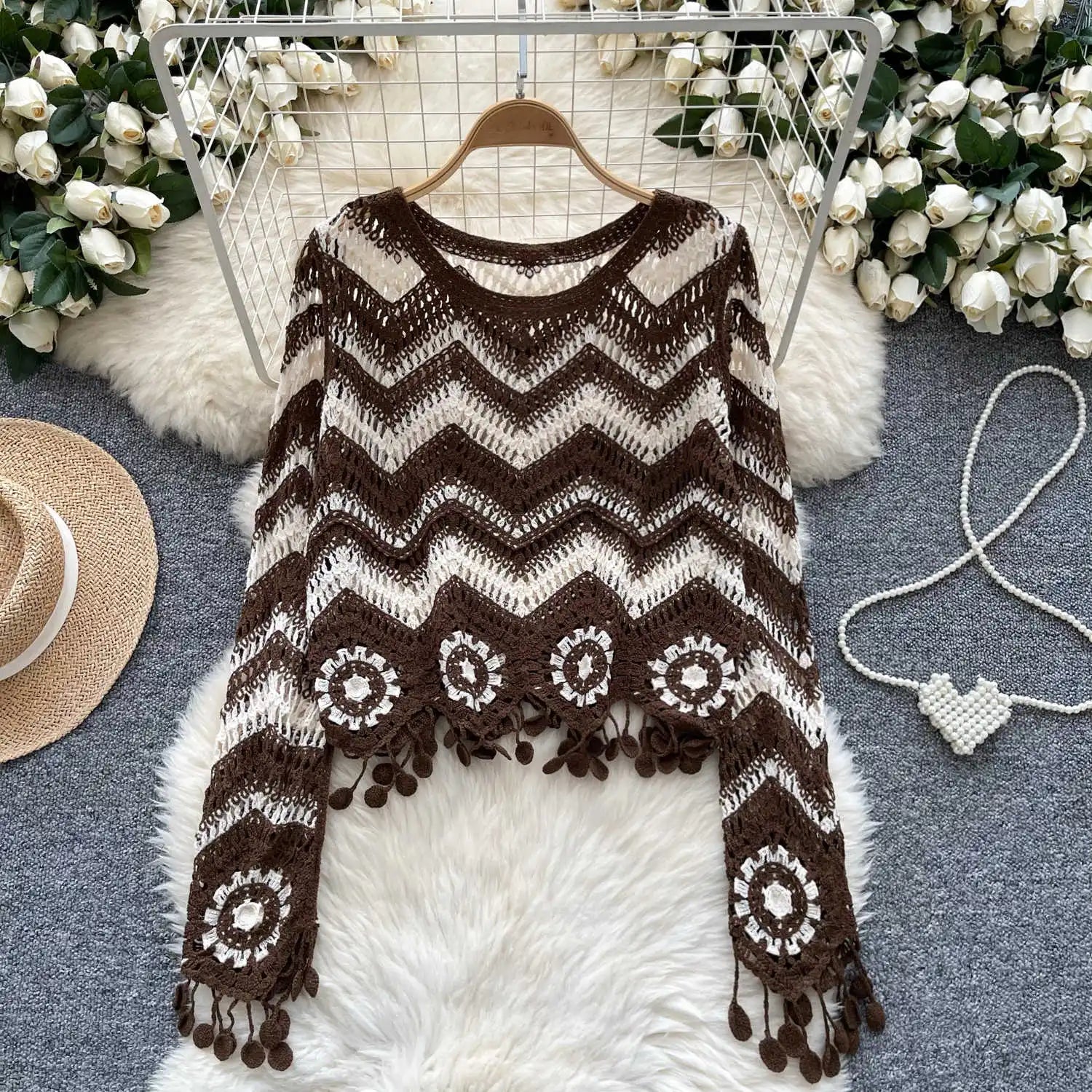 Lunivop Crochet Top Long Sleeve V-Neck Wavy Striped Open-knit Pullover Sweater for Women Teen-girl Boho Vacation Outfit