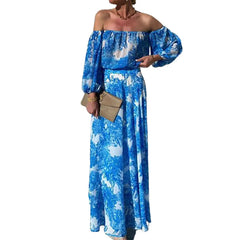 Lunivop   Summer Pattern Printed Dress Lady Sexy Off Shoulder Nine Points Sleeved Summer Casual Hollow Waist Party Dresses