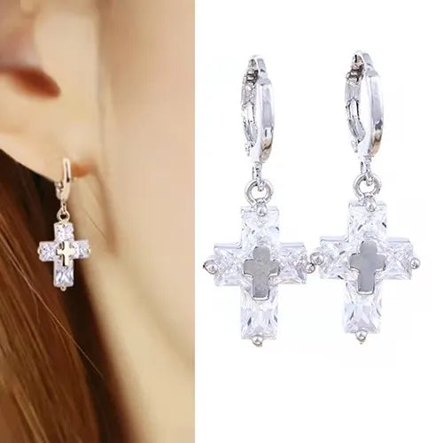 Lunivop New Arrival Women\'s Luxury Cubic Zirconia Dangle Drop Cross Hoop Earrings Banquet Jewelry