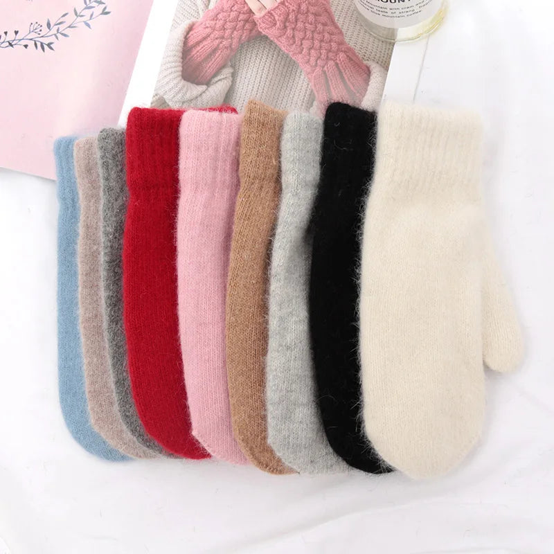 Lunivop Women Winter Keep Warm Plus Cashmere Solid Color Woolen Elasticity Soft Full Fingers Mittens Girls Black Fur Knitted Cute Gloves