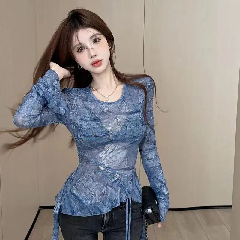 Lunivop  Elegant Sweet Mesh Long Sleeve T-shirts Y2k Slim Fit Irregular Top for Women 2025 Spring New Bottoming Blue Tee Shirt
