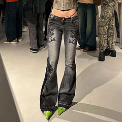 Lunivop  Streetwear y2k Flare Jeans Distressed 2000s Floral Print Low Rise Slim Denim Pants Korean Women Trousers Retro Mom Jeans
