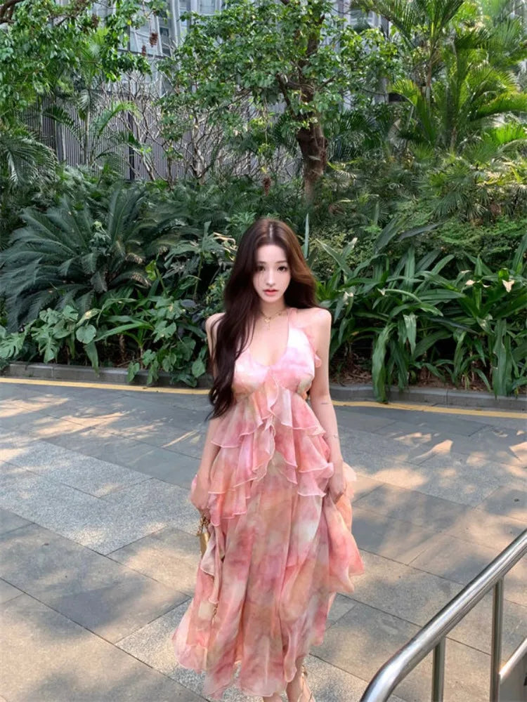Lunivop  Dresses Women Ruffles Patchwork Sleeveless Halter Tie Dye Slim Summer Fashion Elegant Temperament Dress Party Holiday