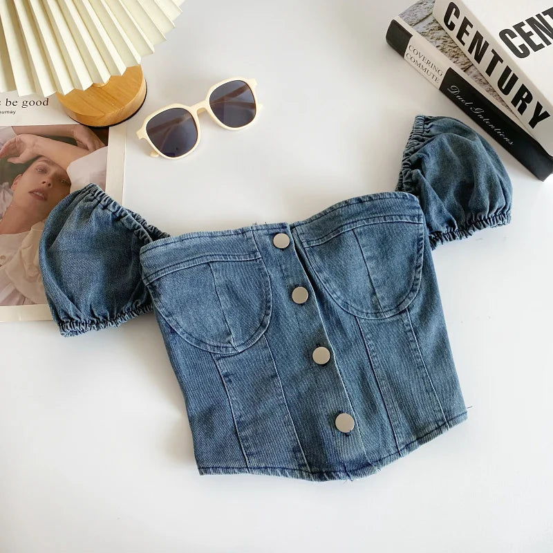 Lunivop Denim Corset Top Summer Button Up Puff Sleeve Smocked Back Slim Fit Crop Tops Teen-girl Women Outfit