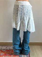 Lunivop  Korean Fashion Lace All-match Skirt for Women Y2k High Waist White A-line Skirts 2025 Summer New Hollow Out Faldas Mujer