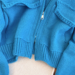 Lunivop Women's Zip Up Knit Cardigan with Pocket V-neck Zipper Front Crop Sweater Jacket Female Teen-girl Autumn Winter Y2K Outfit