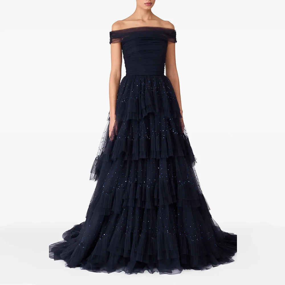 Lunivop  Ball Gown Prom Dresses Off The Shoulder Tulle Sequined Party Gowns for Women Formal Long Evening Dress