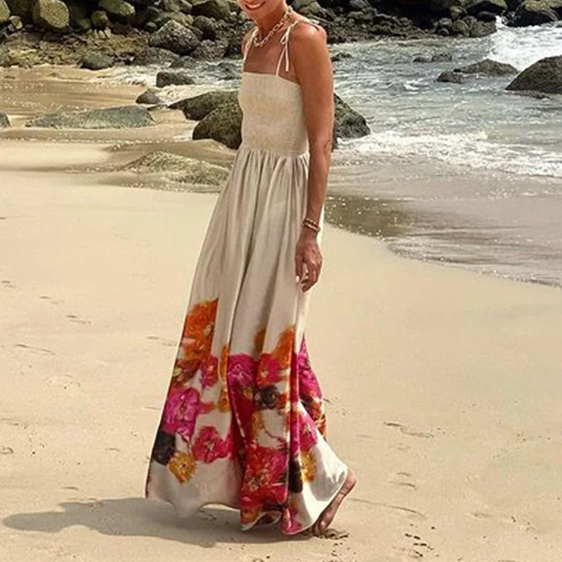 Lunivop   Women Backless High Waist Vacation A-line Dress Summer Sleeveless Floral Long Slash Neck Spaghetti Strap Sundress