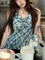 Lunivop  Vintage Sweet Y2K Casual Chic Dress Women Slim Fit Bow V Neck Checkered Dress Summer Sexy Chic Spaghetti Strap Mini Skirt Outfit