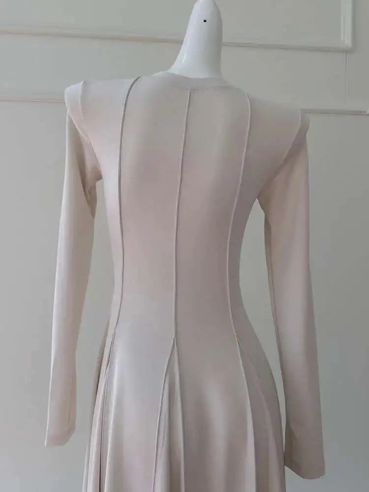 Lunivop  Women's Elegant Stretch Knit Dresses O Neck Long  Sleeve Sliming Pleated Hem Maxi Dress 2025 Autumn New Clothing
