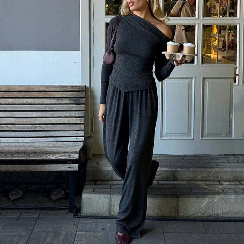 Lunivop  Autumn Winter Wide Leg Pants Set Women Fashion Casual Skew Collar Full Sleeve Pullover Slim Tees+Trousers Solid Daily Streetwear