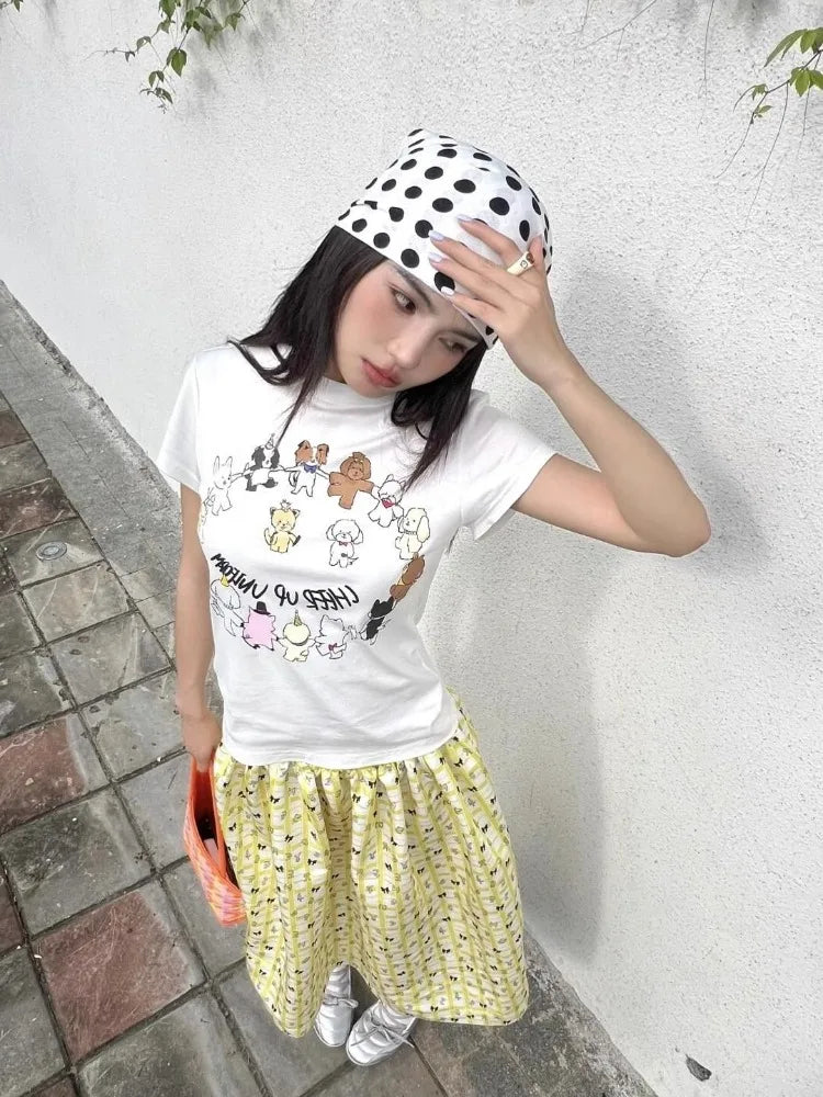 Lunivop  Yellow Plaid Printed Mid-length Skirt for Women Summer Elastic Waist A-line Skirts Y2k High Waist Mid-length Faldas Mujer