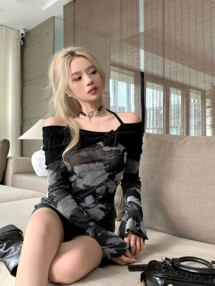 Lunivop  Black Fake Two Piece Halter Camisole Tops Women Y2k Slim Fit Long Sleeve Tee Shirt Summer New Off Shoulder 3D Flower T-shirts