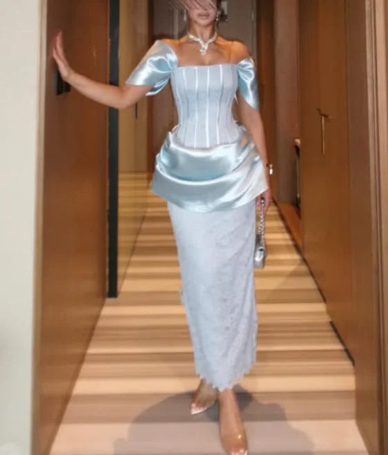 Lunivop  High Quality Customized Strapless Off Shoulder Blue Striahght Robe Designer Luxe Soirée Party Dresses Luxury Vestido Longo