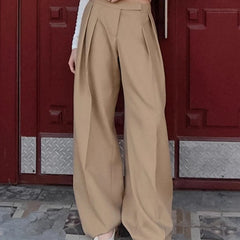 Lunivop  BKLD Fashion Suit Trousers For Women Temperament Khaki High-waist Pockets Folds Versatile Casual Straight Pants Retro Streetwear