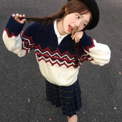 Lunivop Vintage Sweater Women Preppy Style Kawaii Knit Pullovers Japanese Style Patchwork Autumn Winter Retro Casual Sweaters