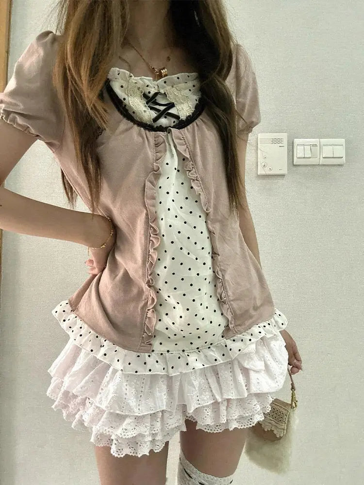 Lunivop  American Style Vintage 2 Piece Set Woman Sweet Girl Fake Two Short Sleeved Tops Casual Lace Mini Skirt Chic