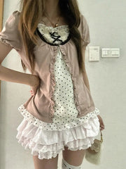 Lunivop  American Style Vintage 2 Piece Set Woman Sweet Girl Fake Two Short Sleeved Tops Casual Lace Mini Skirt Chic