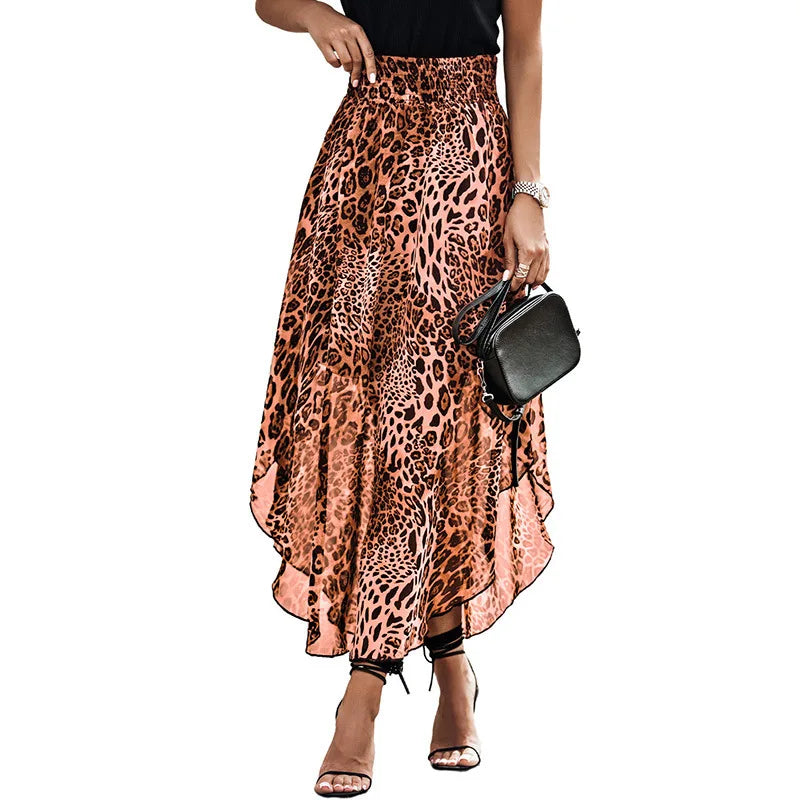 Lunivop  Leopard Skirt for Women Pleated Slit Cut High Waist Long Skirt French Fashion Loose Elegant Elastic Waist Mid-Calf Skirts