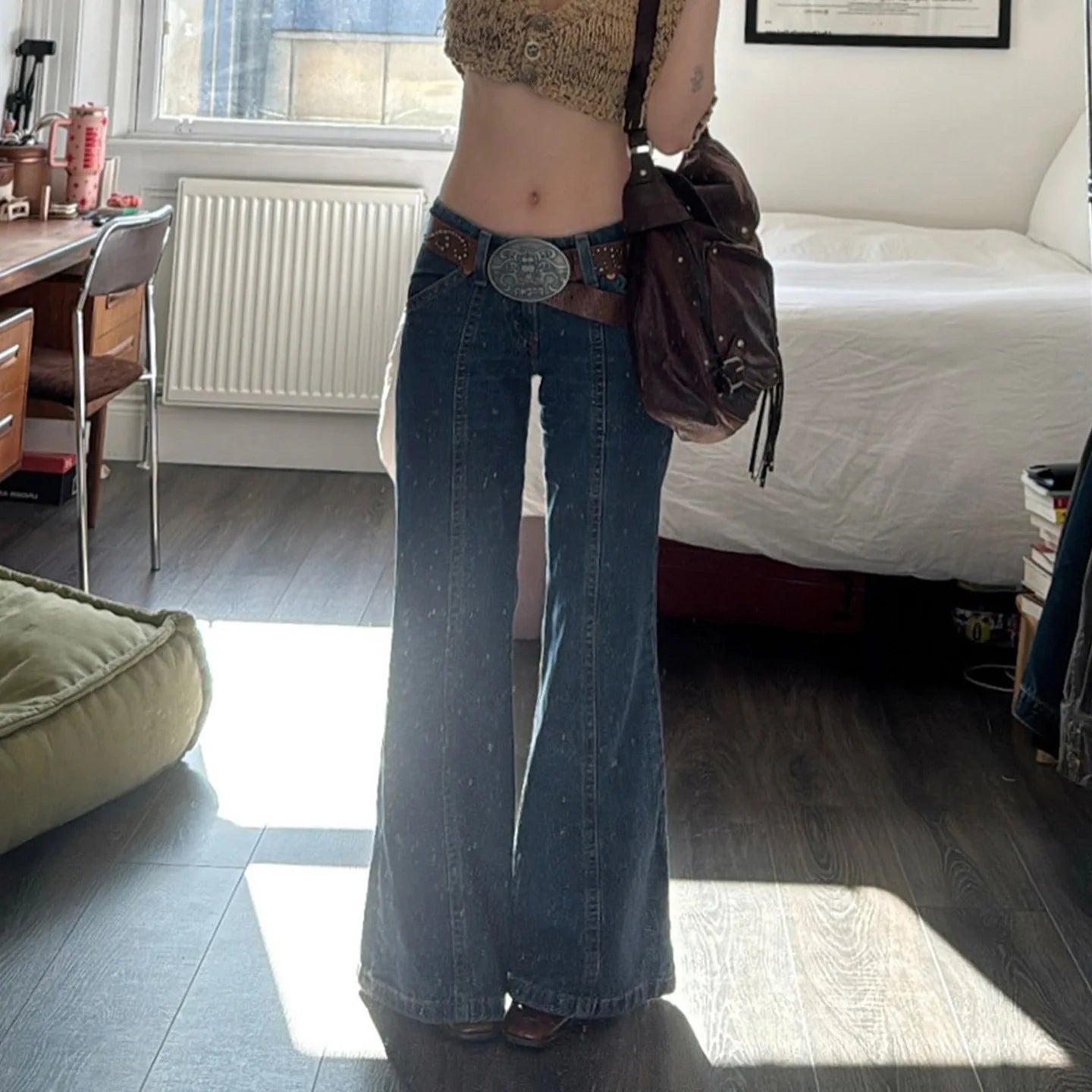 Lunivop High Waist Ladies Refor Washed Vintage Blue Jeans Floor-Length Trousers Asymmetrical Splicing Slimming Effect