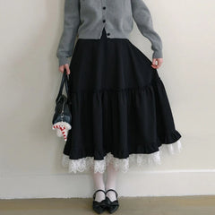 Lunivop  Deeptown Japanese Style Long Skirt Women Vintage Harajuku Gothic Black Skirts Elegant Lace Patchwork Autumn Winter A-line Skirt