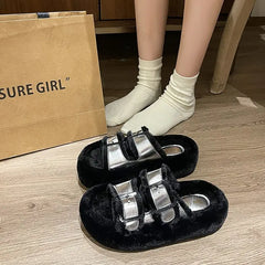 Lunivop New Cotton Shoes Winter Women's Slippers Comfort Short Plush Flats Fashion Buckle Platform Slippers Casual Female Shoes