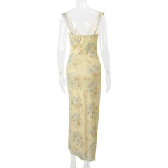 Lunivop  Retro V Neck Dresses Yellow Sleeveless Flower Print Maxi Long Dress Elegant High Waist Female Holiday Party Vestidos